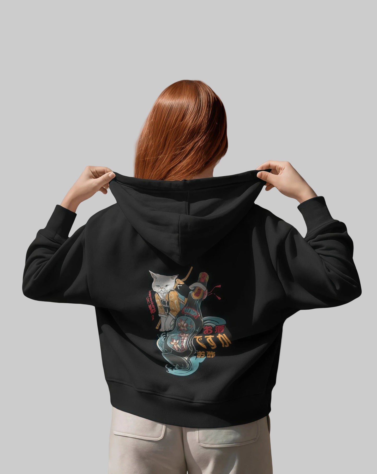 Unisex regular fit Samurai Cat & Sake Bottle [Black Hoodie]