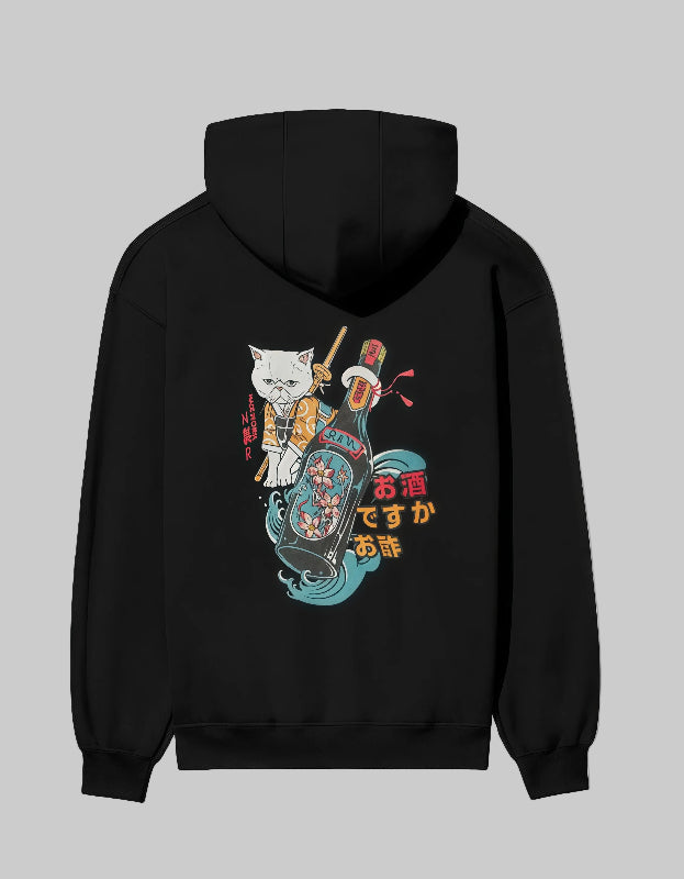 Unisex regular fit Samurai Cat & Sake Bottle [Black Hoodie]