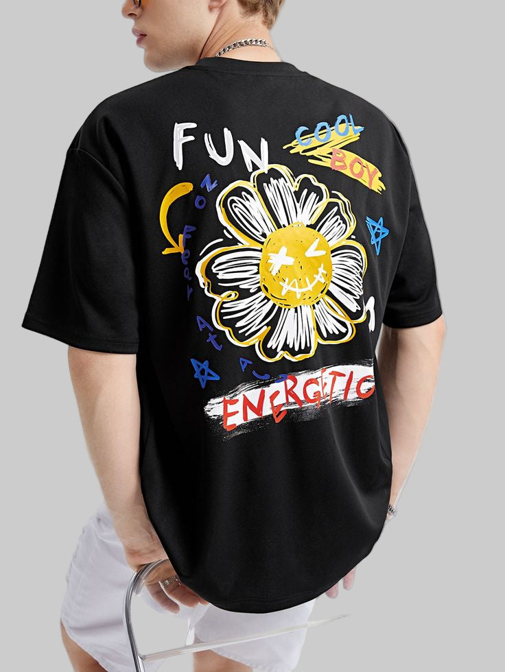 Unisex Oversized Funky Flower Graphic [Black T-Shirt]