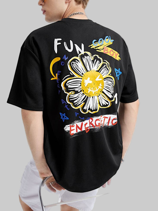 Unisex Oversized Funky Flower Graphic [Black T-Shirt]