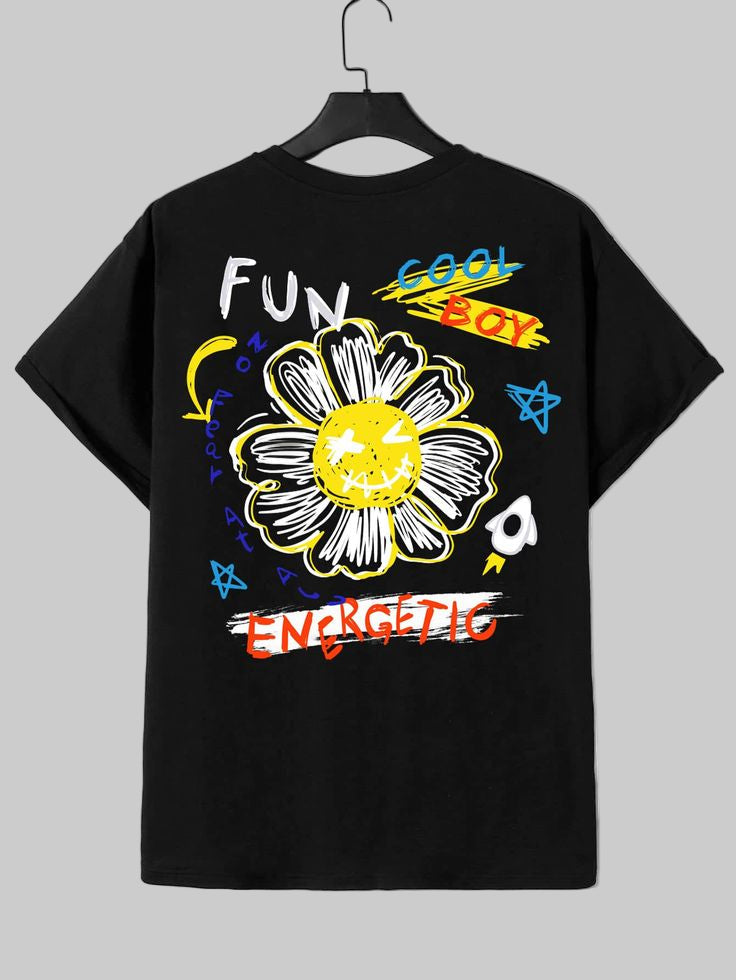 Unisex Oversized Funky Flower Graphic [Black T-Shirt]