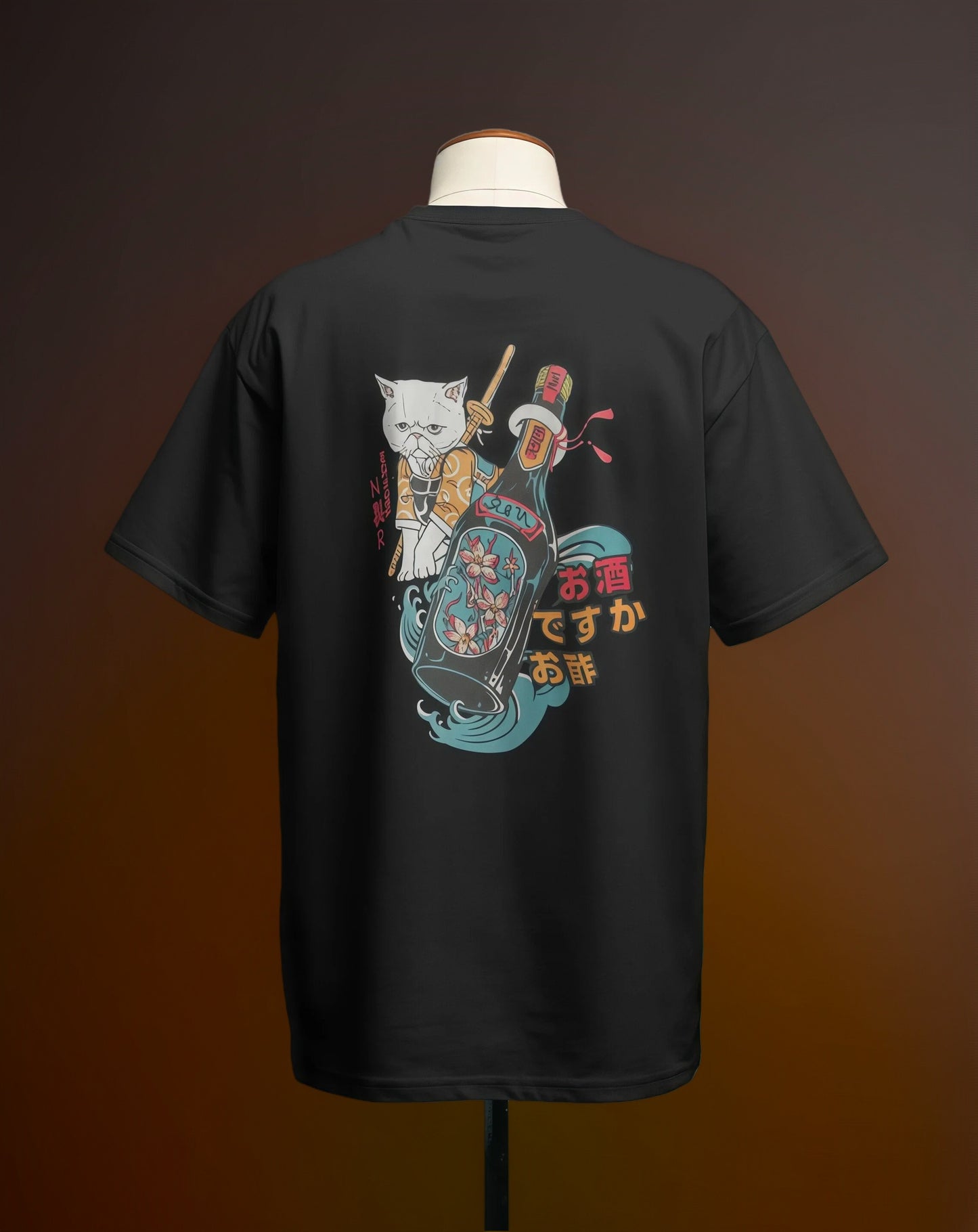 Unisex Oversized Samurai Cat & Sake Bottle [Black T-Shirt]