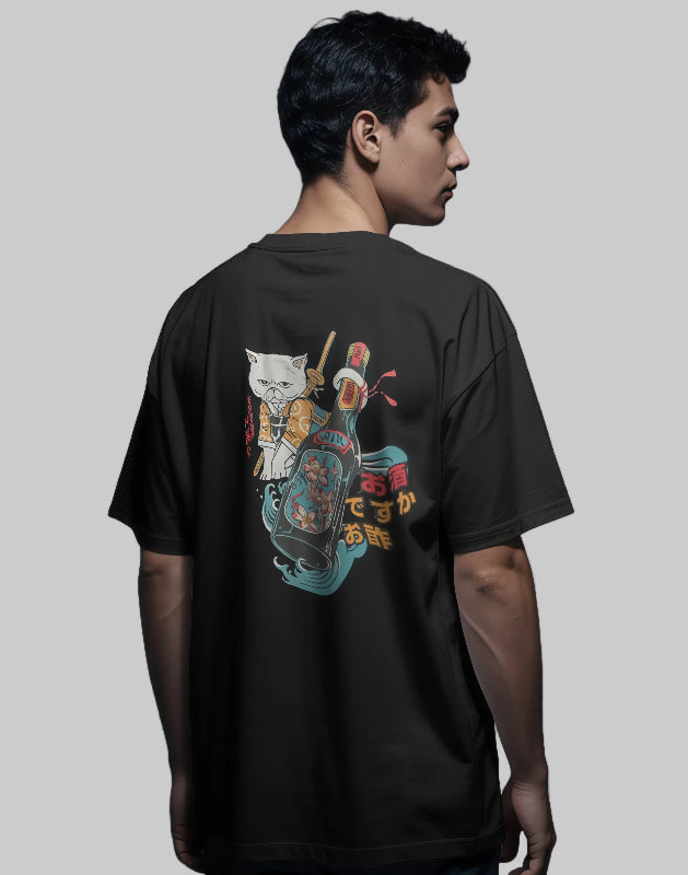 Unisex Oversized Samurai Cat & Sake Bottle [Black T-Shirt]