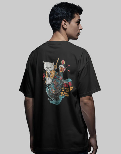 Unisex Oversized Samurai Cat & Sake Bottle [Black T-Shirt]