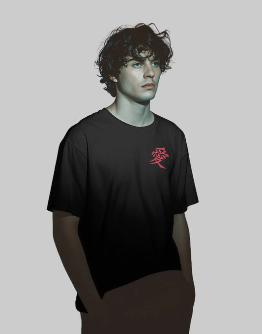 Unisex Oversized Samurai Cat & Sake Bottle [Black T-Shirt]