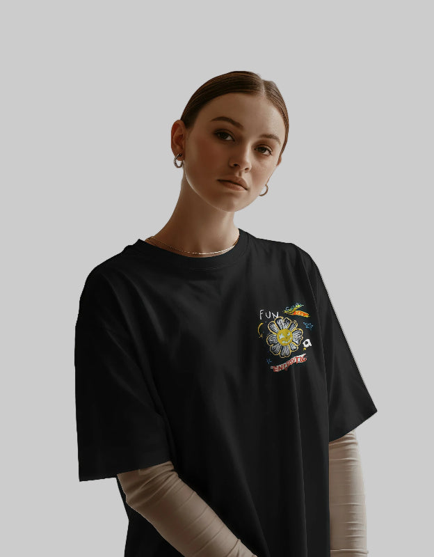 Unisex Oversized Funky Flower Graphic [Black T-Shirt]