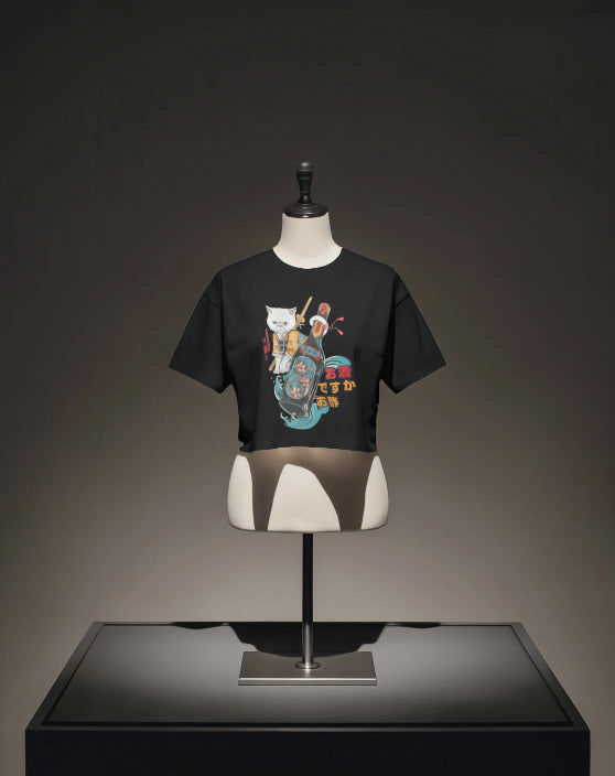 Samurai Cat & Sake Bottle [Black Baby T-shirt]