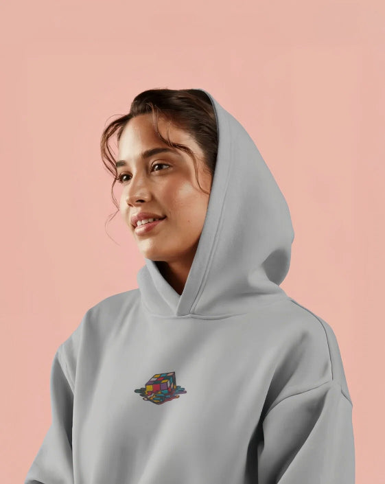 Unisex Regular Fit Melting Cube [Embroidered Gray Hoodie]